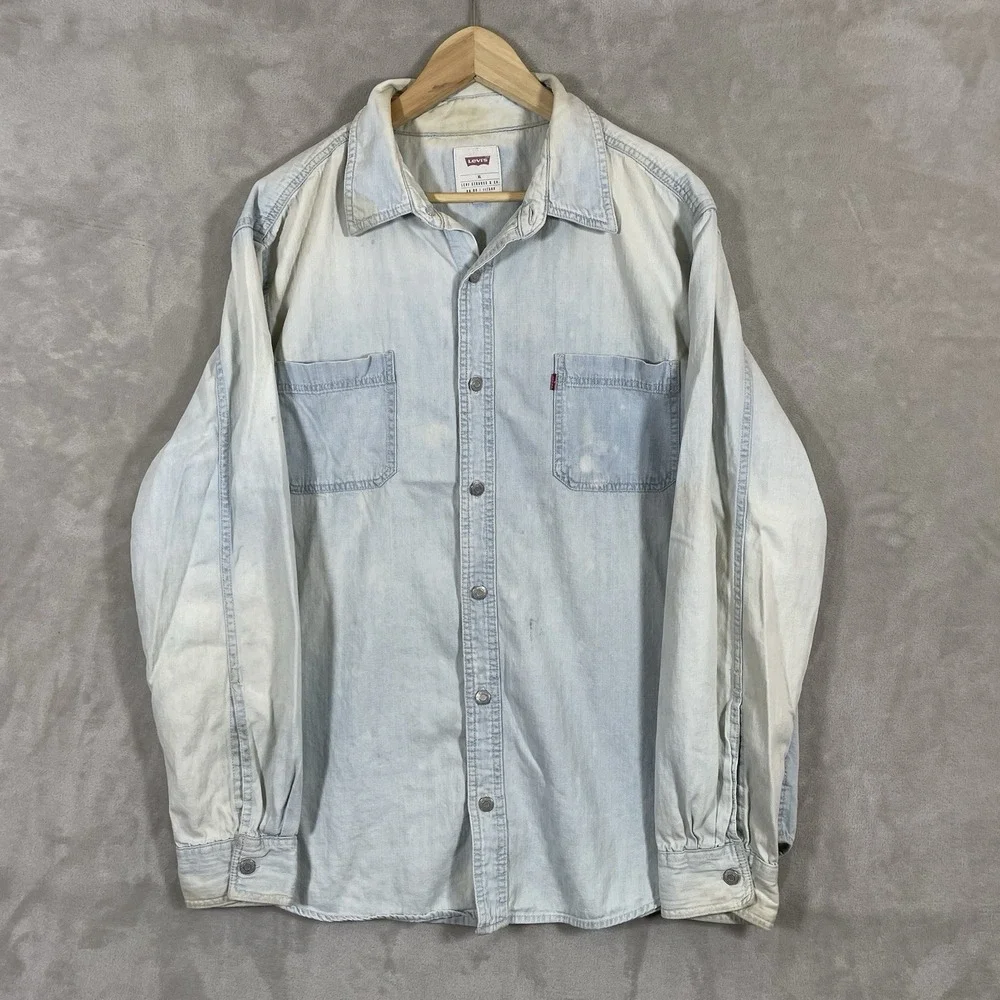 Vintage Levis Shirt Mens XL Blue Denim Jean Metal Button Up Faded Utility Work